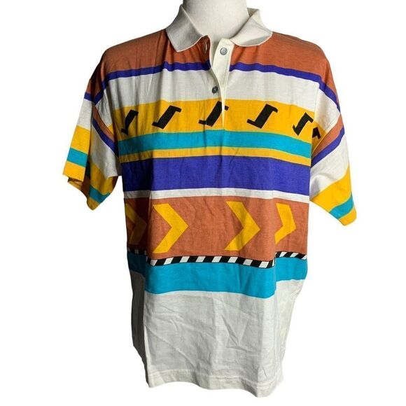 Vintage 80s 90s  IXSPA Short Sleeve Polo Shirt M Multi Stripe Surf - Picture 2 of 6